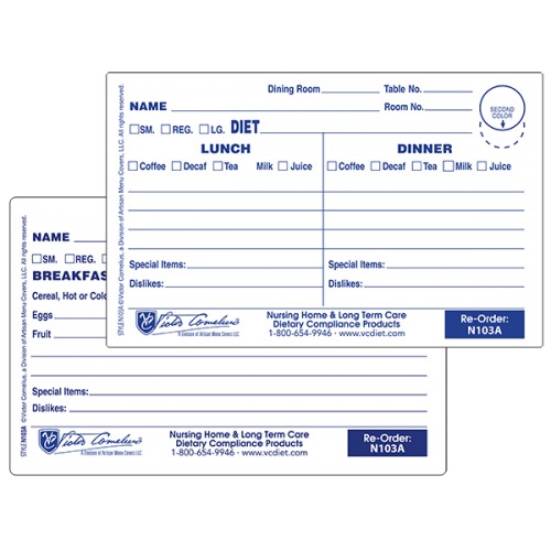 N103A - 4-3/4" X 3" Plastex Dietary Tray Cards with Pre-attached Laminate