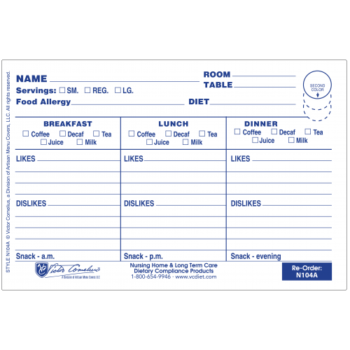N104A - 6" X 4" Plastex Dietary TrayCard with Pre-attached Laminate. 100 Count