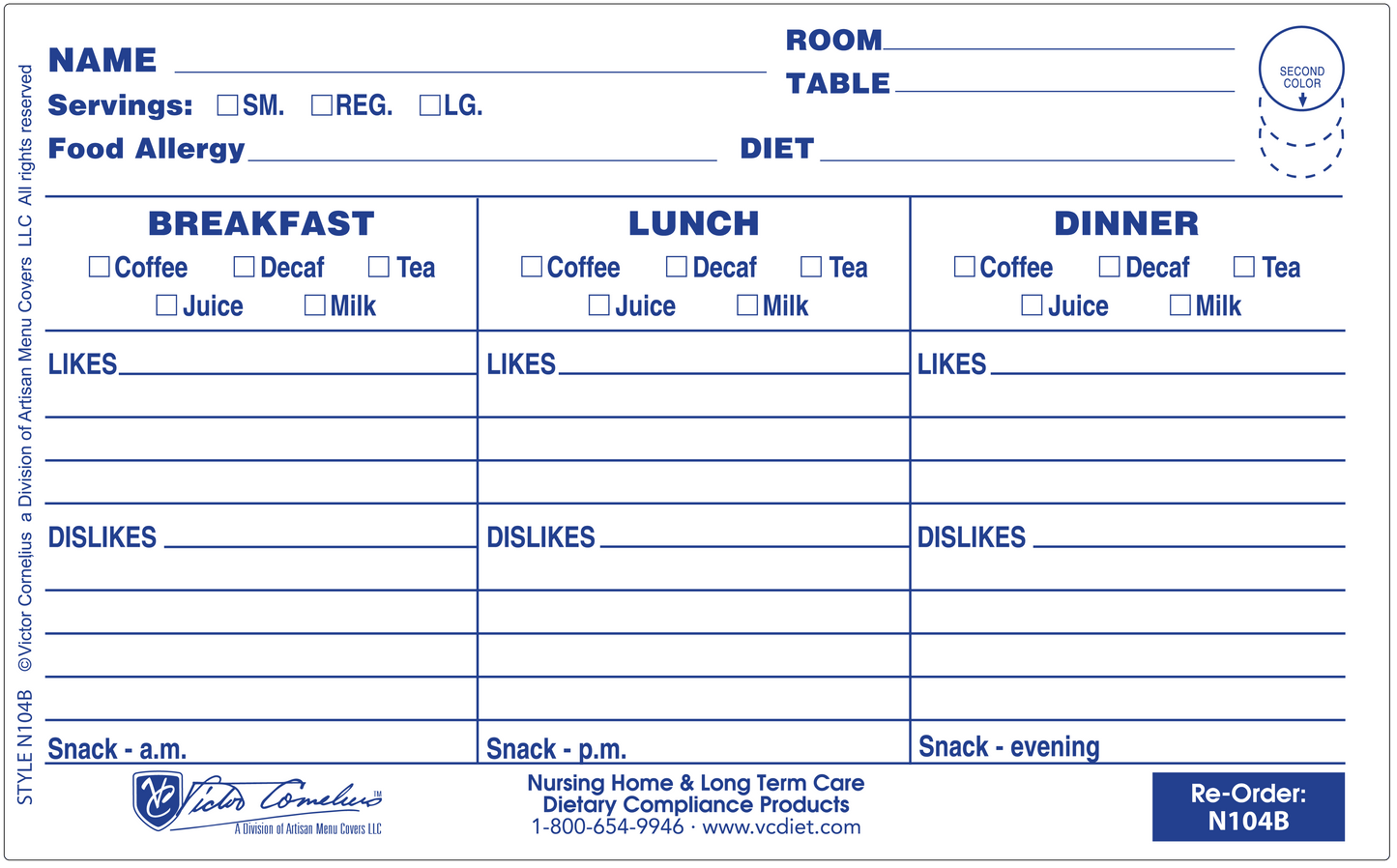 N104B - 8" X 5" Plastex Dietary Tray Card with Pre-attached Laminate. 50 Count