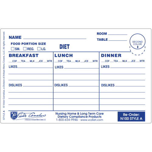 N100A - 4-3/4" X 3" Plastex Dietary Tray Cards with Pre-attached Laminate