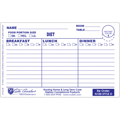 N100D - 4-3/4" X 3" Plastex Dietary Tray Cards with Pre-attached Laminate
