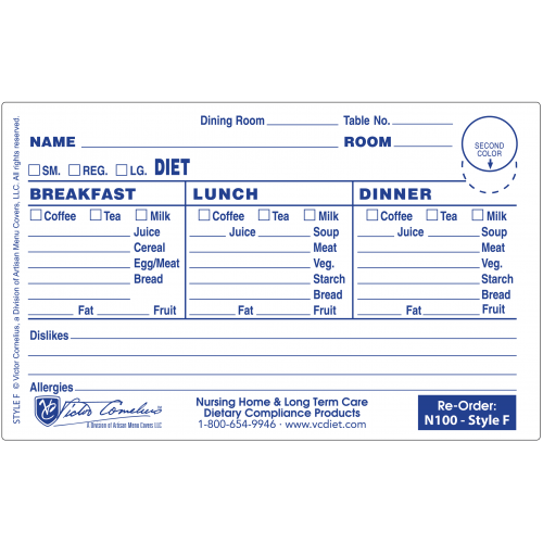 N100F - 4-3/4" X 3" Plastex Dietary Tray Cards with Pre-attached Laminate