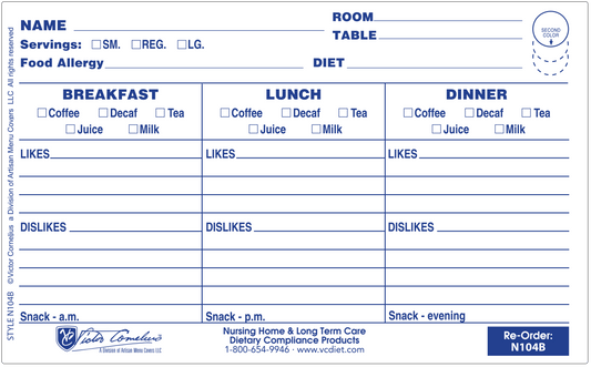 N104B - 8" X 5" Plastex Dietary Tray Card with Pre-attached Laminate. 50 Count
